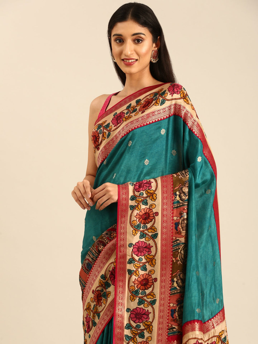 Neerus Green Banarasi printed saree with Kalamkari border - back view