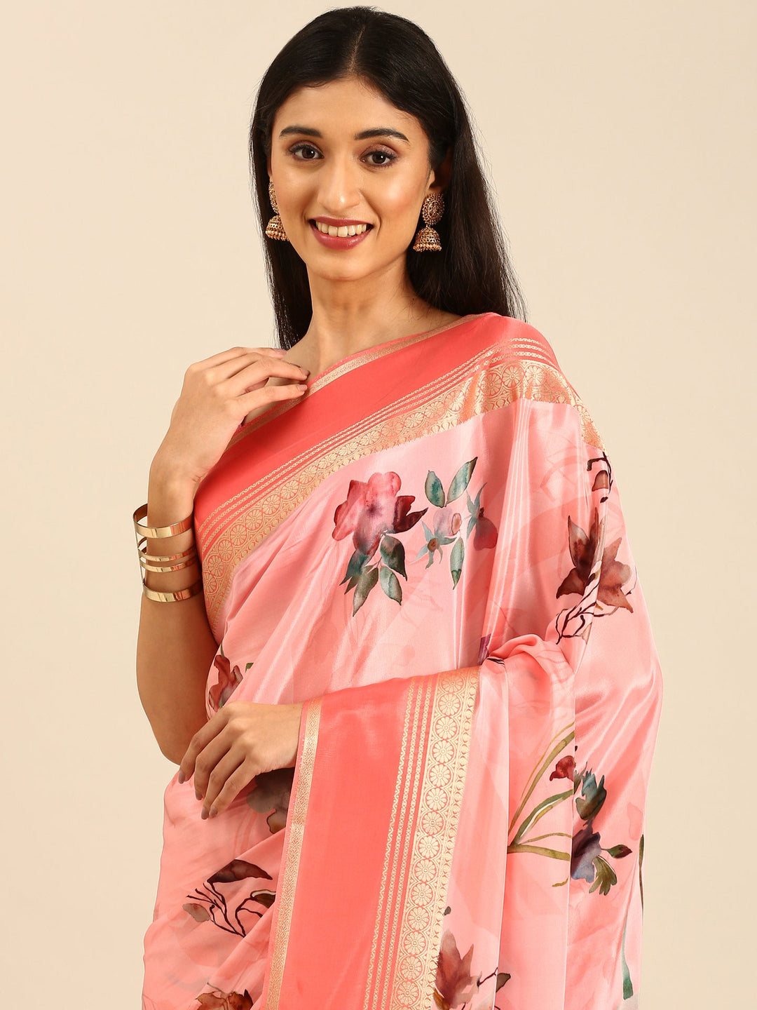 Neerus Pink crepe woven saree with zari border - side view