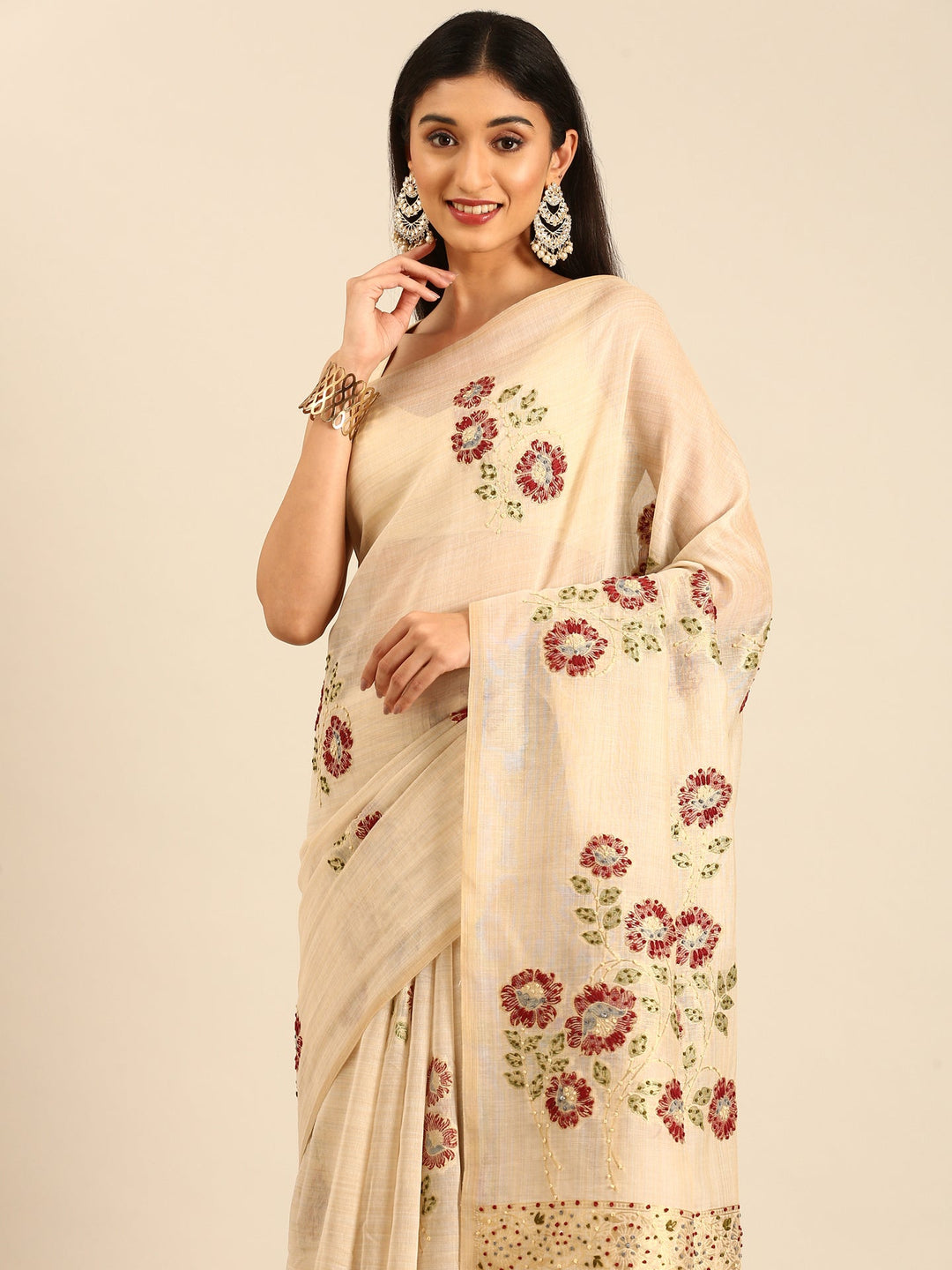 Neerus Beige Chanderi embellished saree - detail view 1