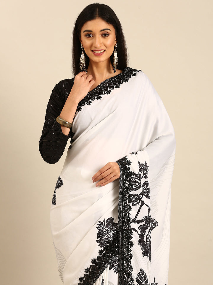 Black & white satin printed saree with hand embroidery & ready made blouse