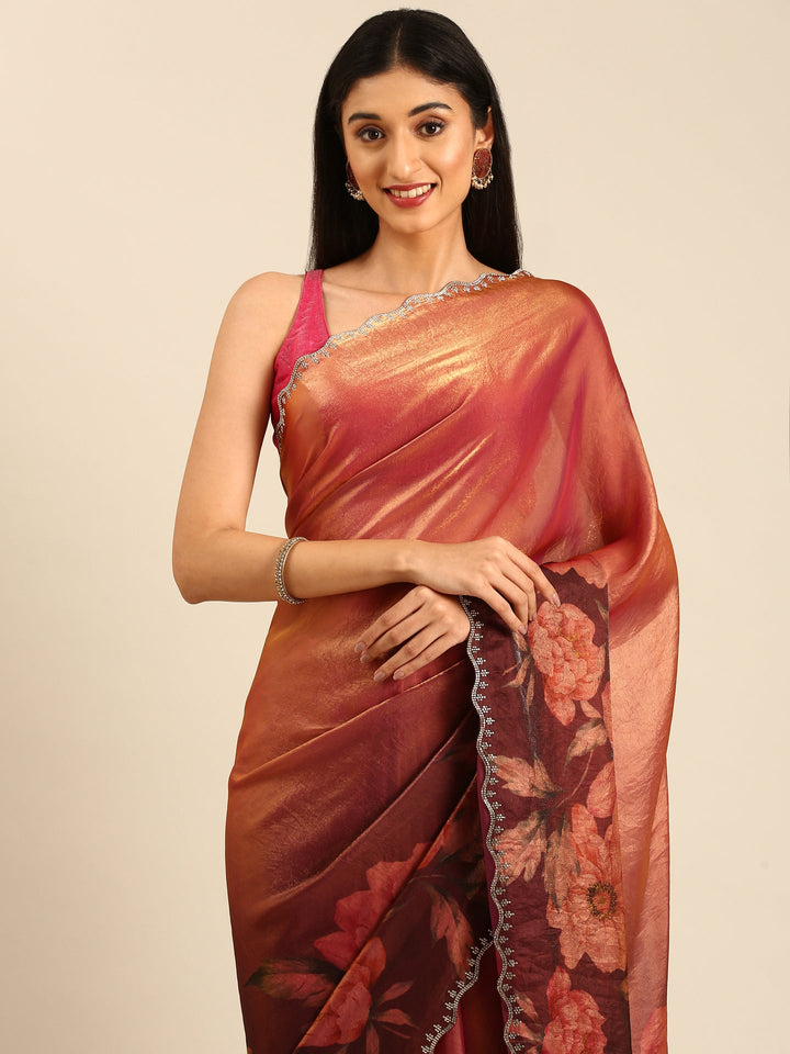 Gold & Maroon Floral Printed Jimmy Tissue Saree With Swarovski Embroidery