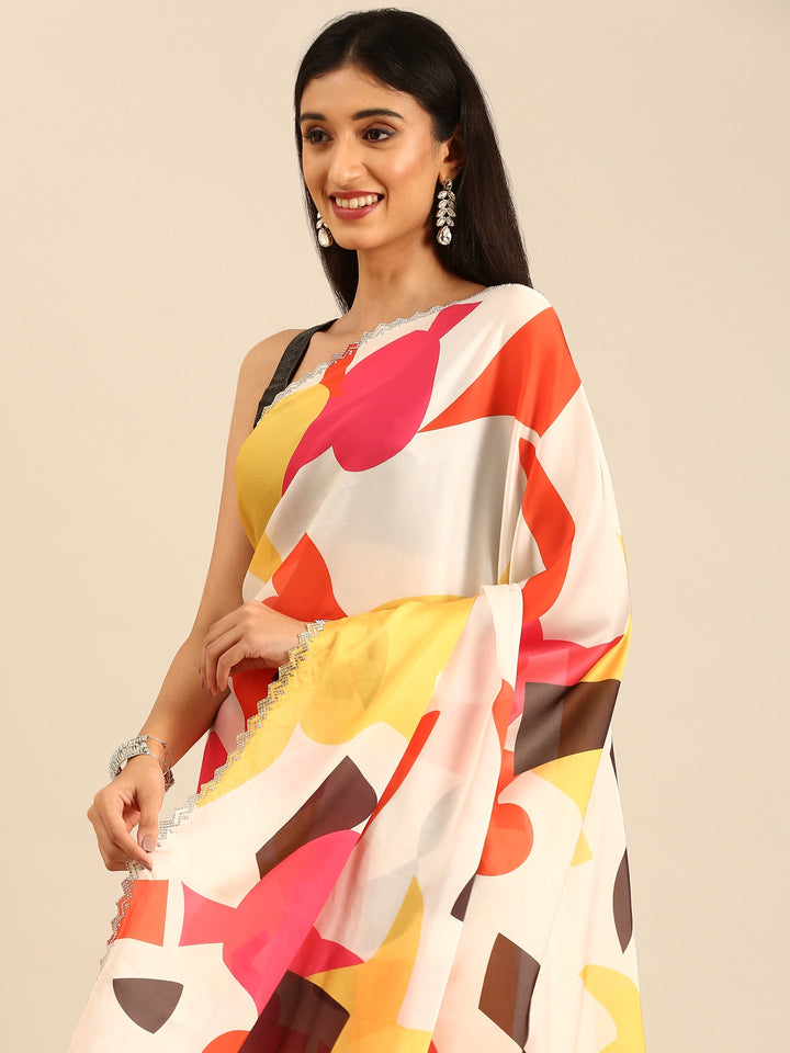 Printed satin saree with Swarovski border