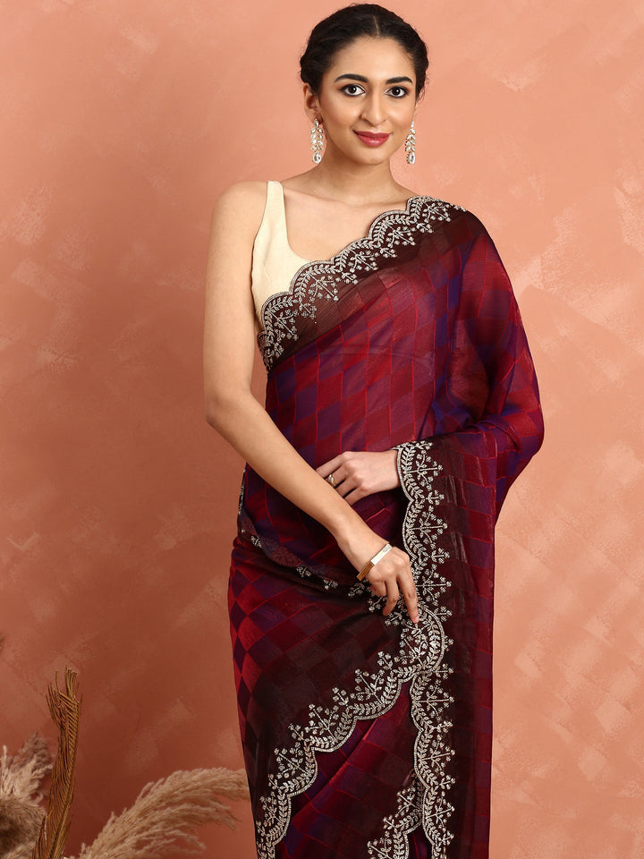 Maroon jacquard satin organza saree with hand embroidery