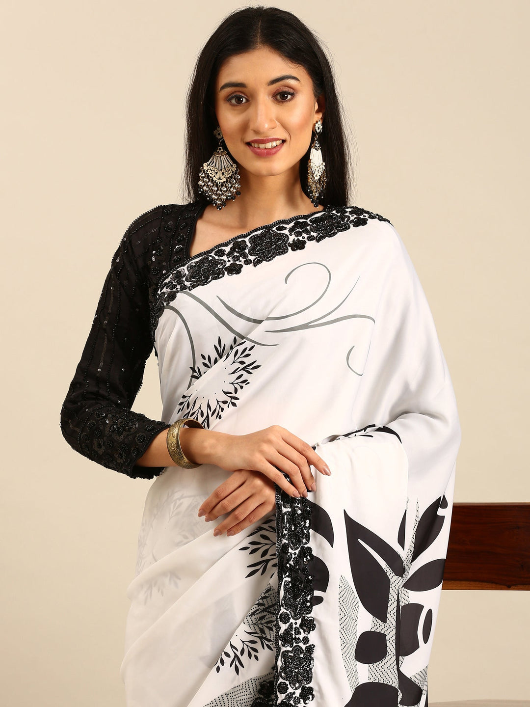 Neerus Black satin hand embroidered printed saree - side view