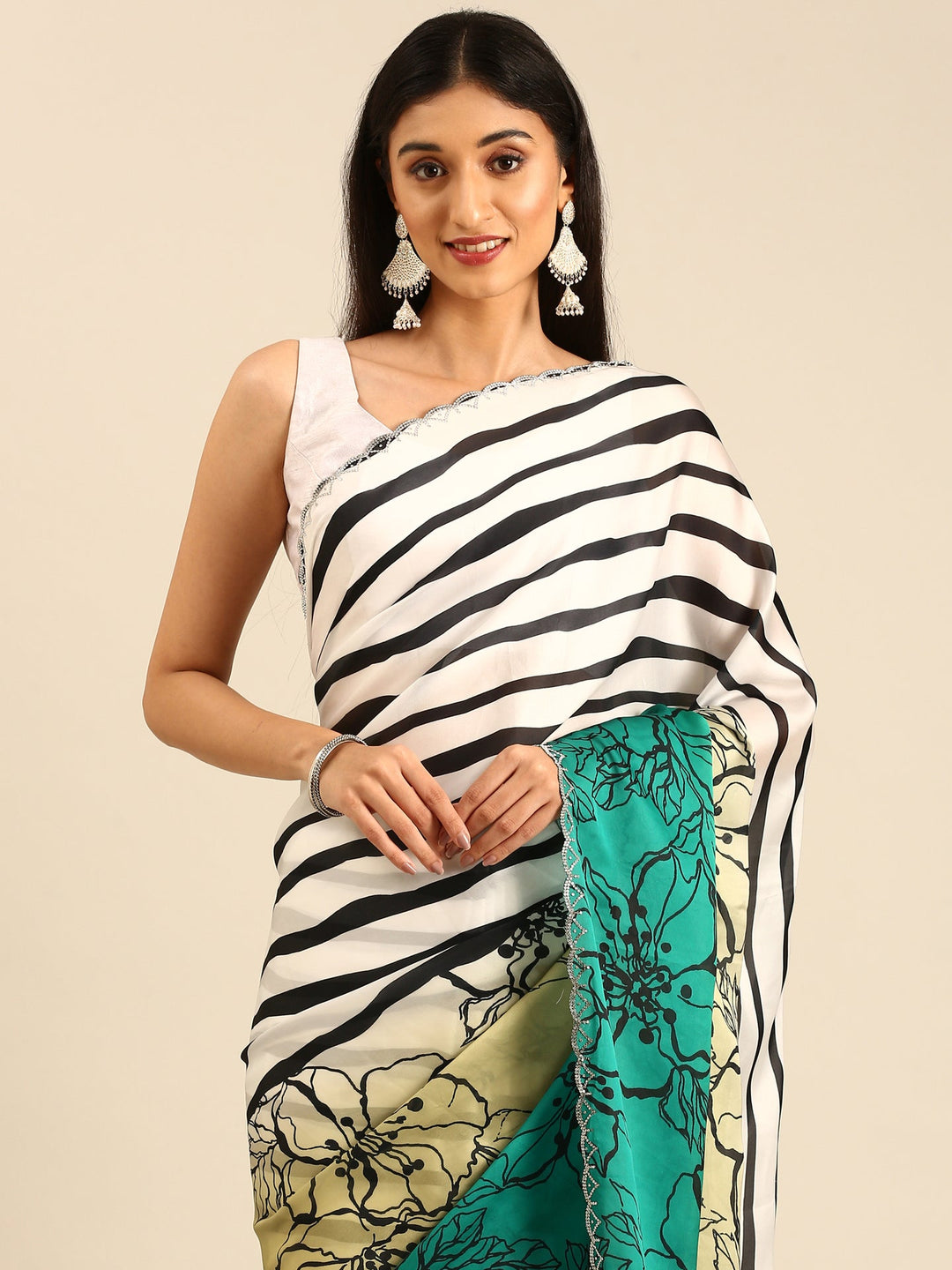 Neerus Green satin embellished saree - side view