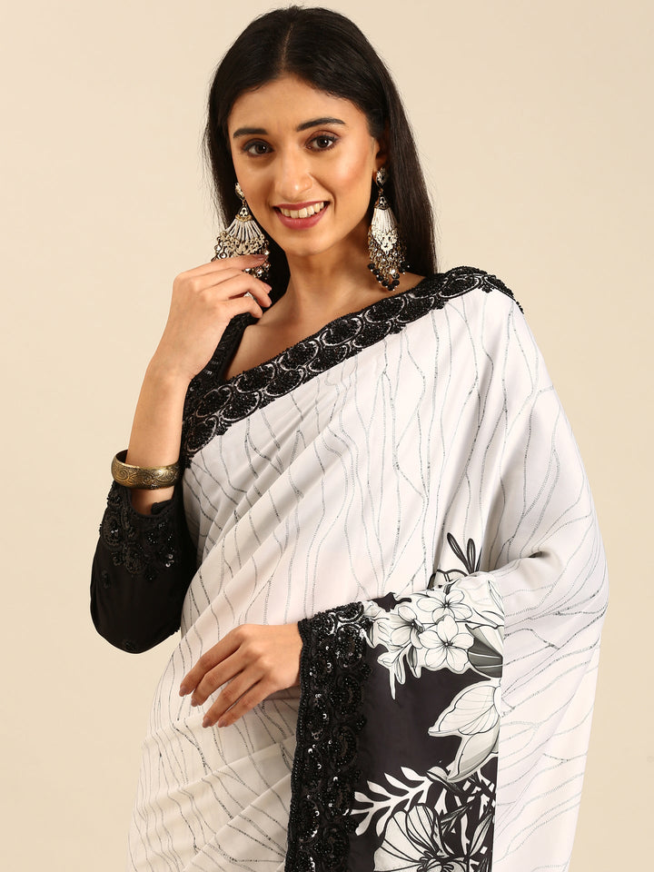Black & White Satin Printed Saree With Hand Embroidery & Readymade Blouse