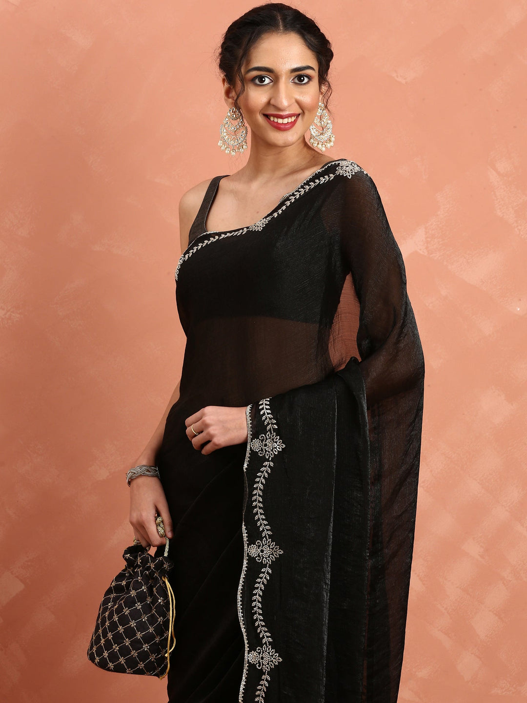 Neerus Black tissue hand embroidered saree - back view