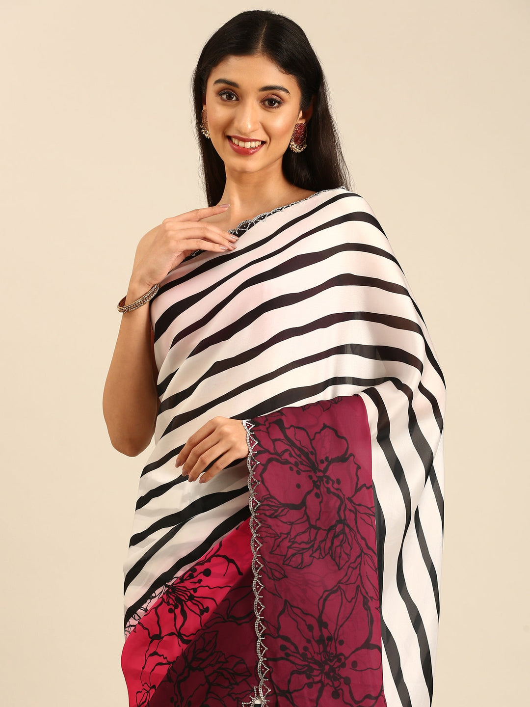 Neerus Pink satin embellished saree - side view