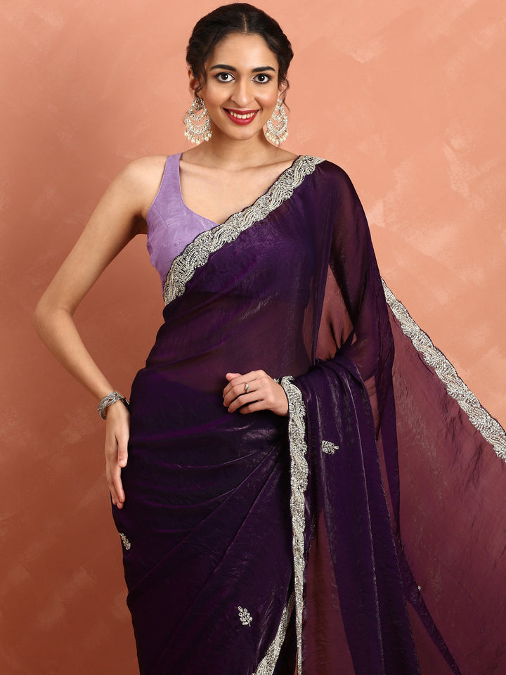 Neerus Maroon satin hand embroidered saree - back view
