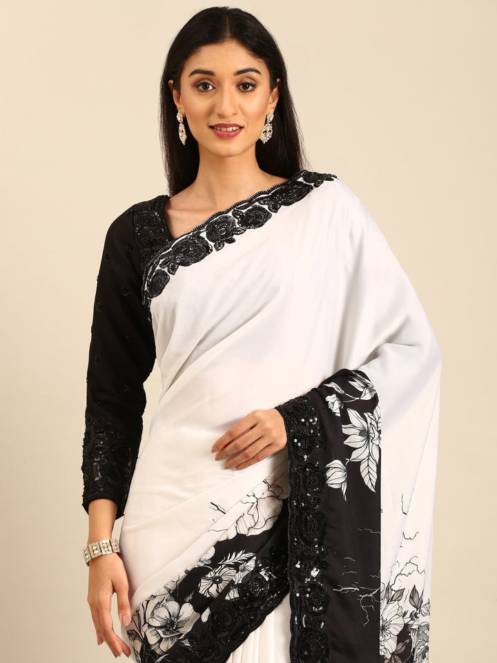 Black & White Satin Printed Saree With Hand Embroidery & Readymade Blouse