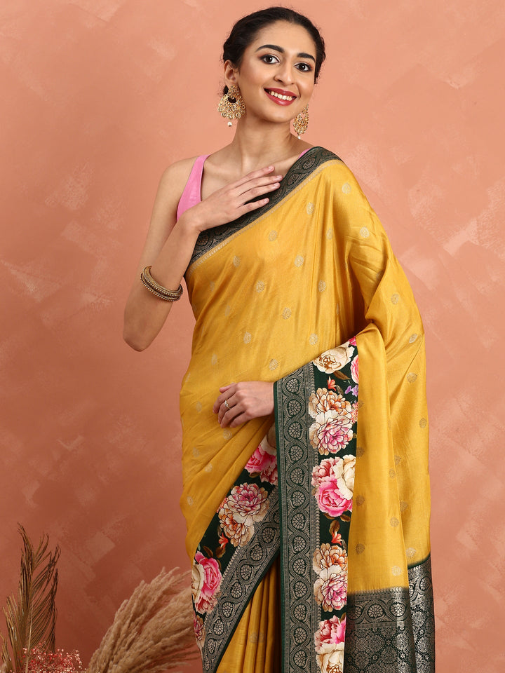 Neerus Yellow Banarasi woven saree with floral print and zari border - detail view 1