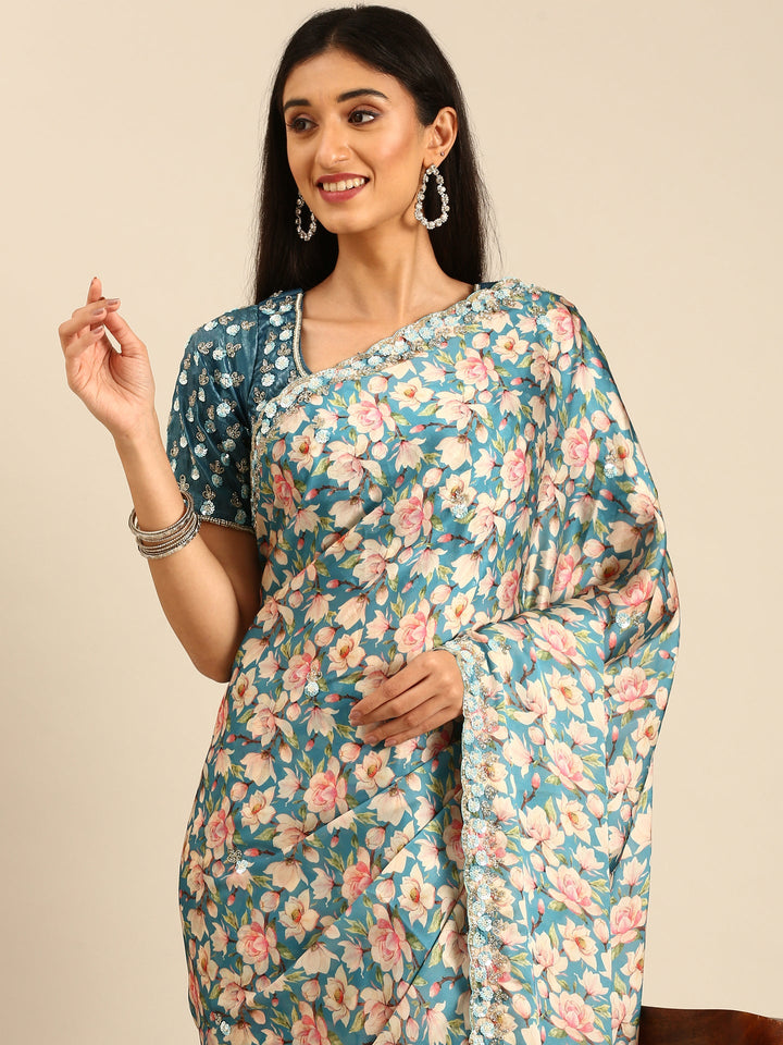 Blue floral printed satin saree with pearls & sequins embroidery with heavy ready made blouse