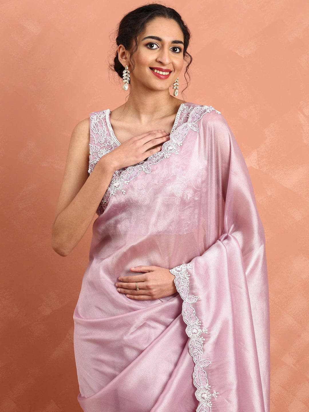 Neerus Purple tissue embellished saree with pearls and sequins - side view
