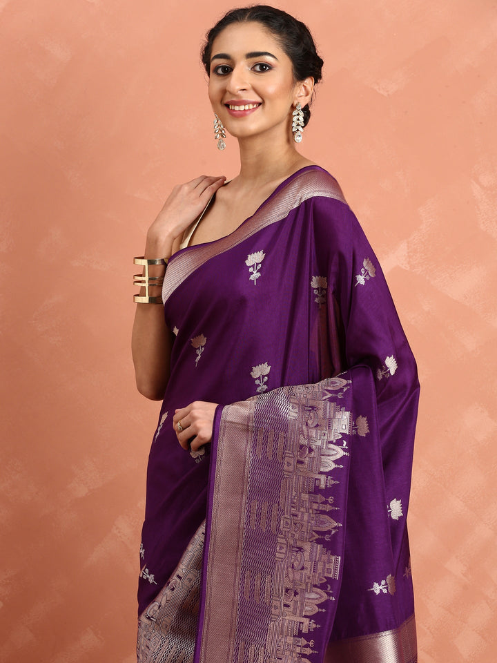 Neerus Maroon Banarasi woven saree - side view