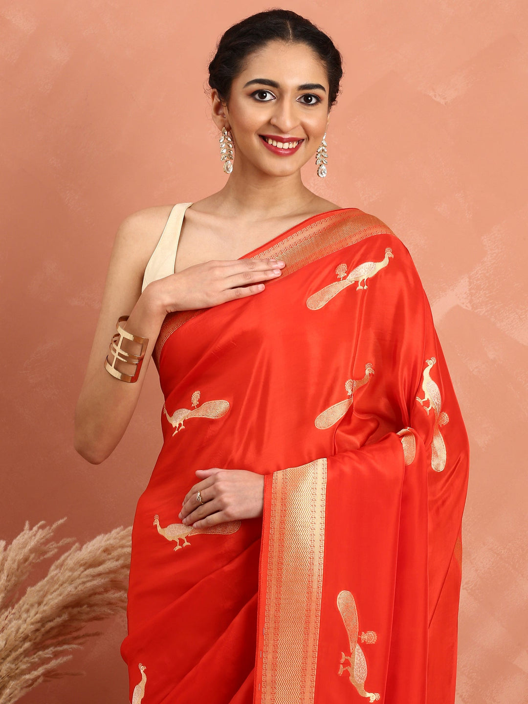 Neerus Red silk woven saree with peacock booti pallu - detail view 1