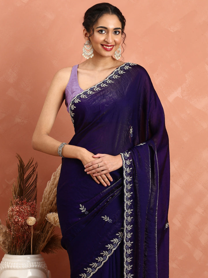 Neerus Purple tissue hand embroidered saree - side view