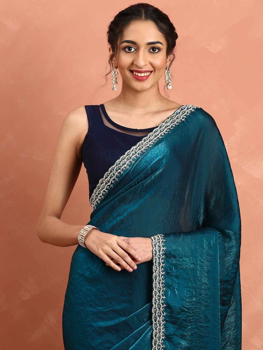 Neerus Blue Jimmy embellished saree with pearl and cut Dana embroidery - side view