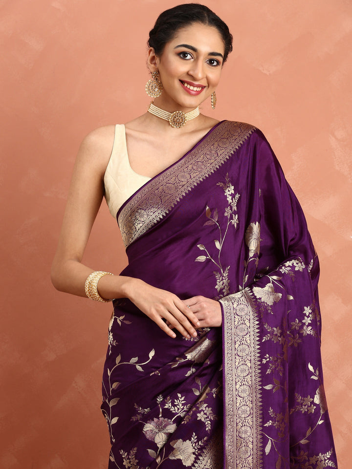 Neerus Maroon Banarasi woven saree with gold motifs - detail view 1