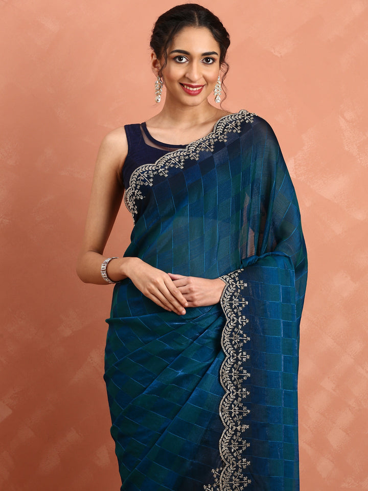 Neerus Blue organza hand embroidered saree - back view