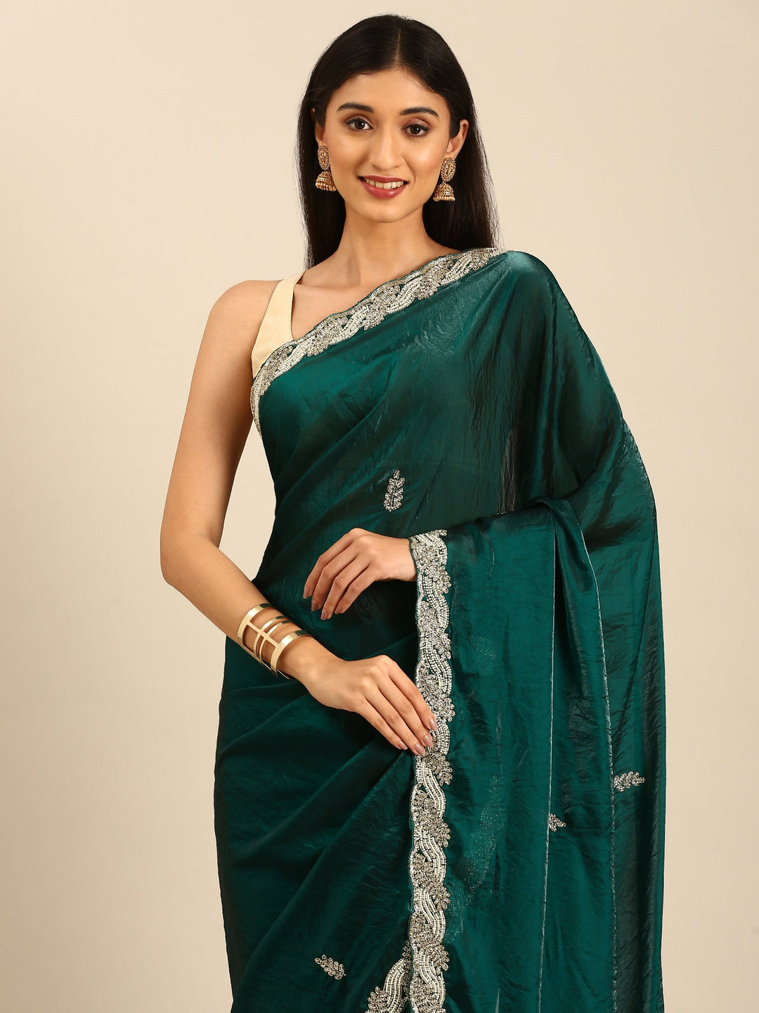 Neerus Green tissue embellished saree - side view