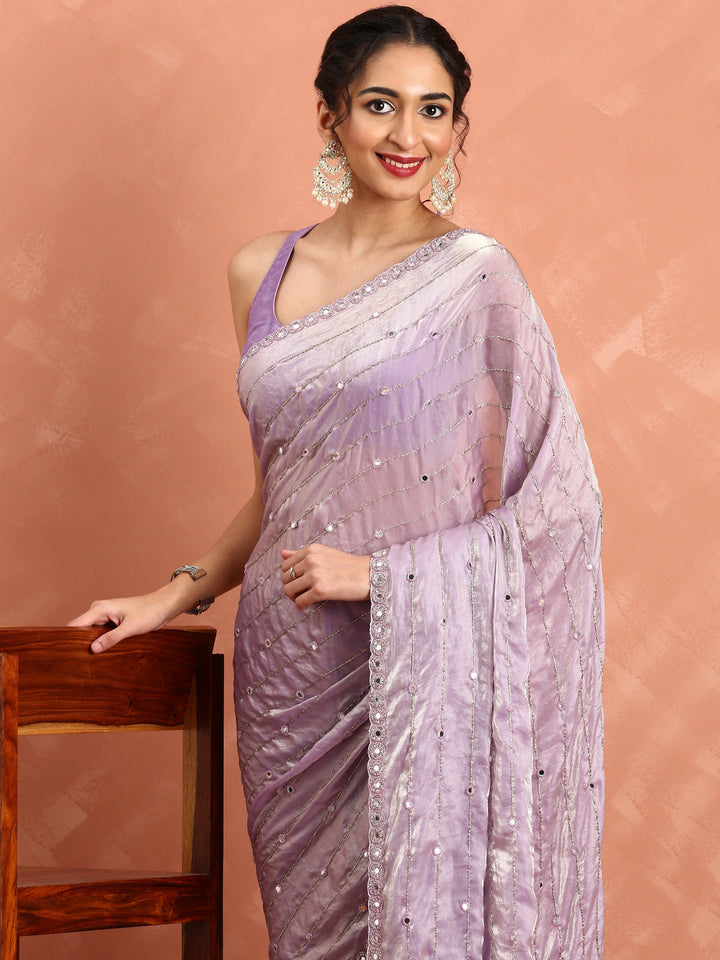 Neerus Purple tissue mirror work saree - detail view 1