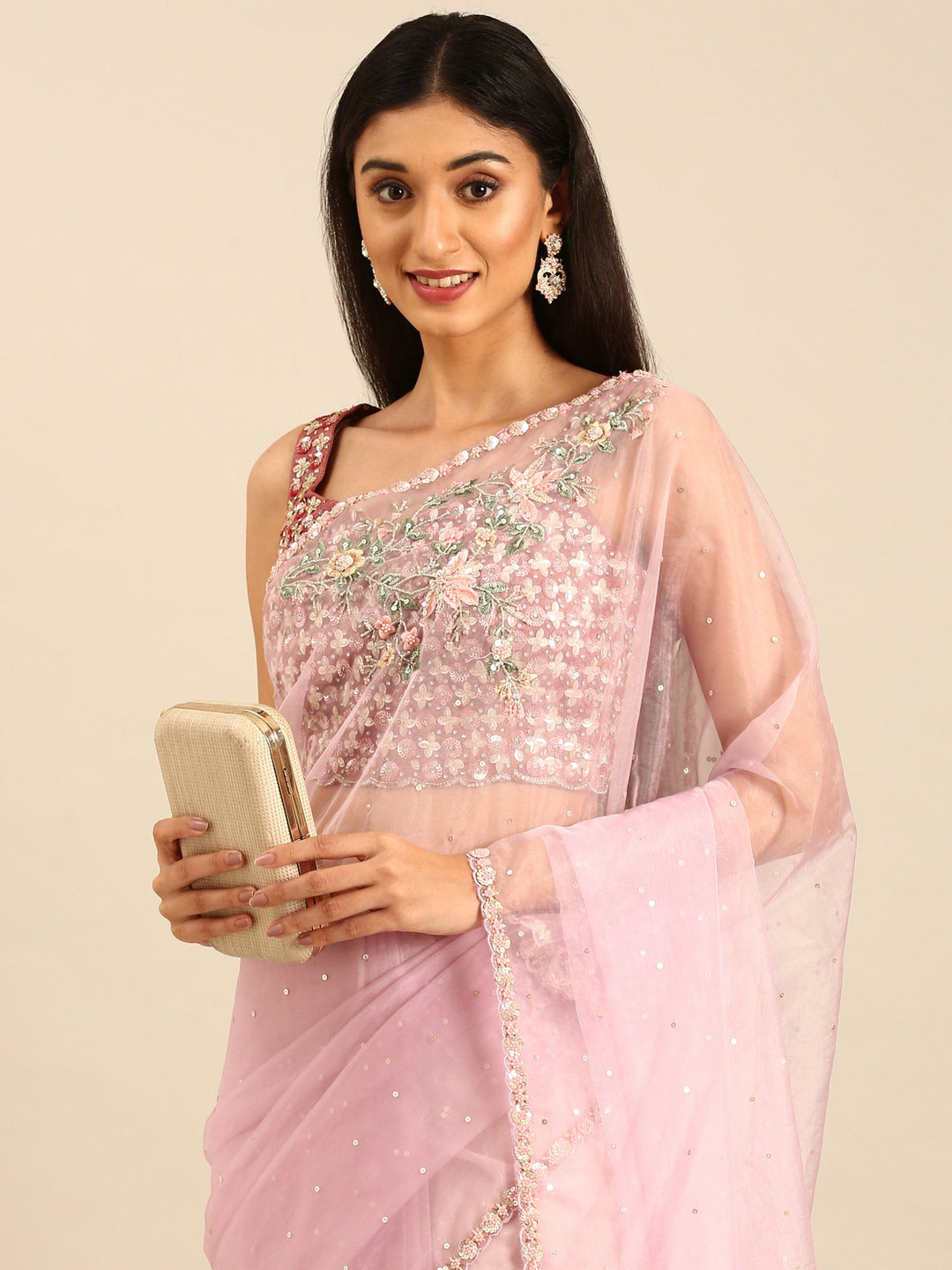 Neerus Purple organza hand embroidered saree - back view