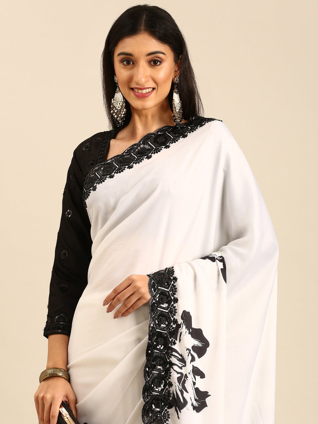 Neerus Black satin hand embroidered printed saree - detail view 1