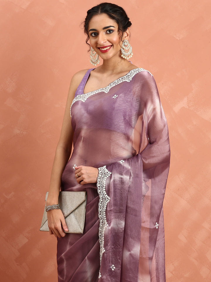Neerus Pink organza hand embroidered saree - side view
