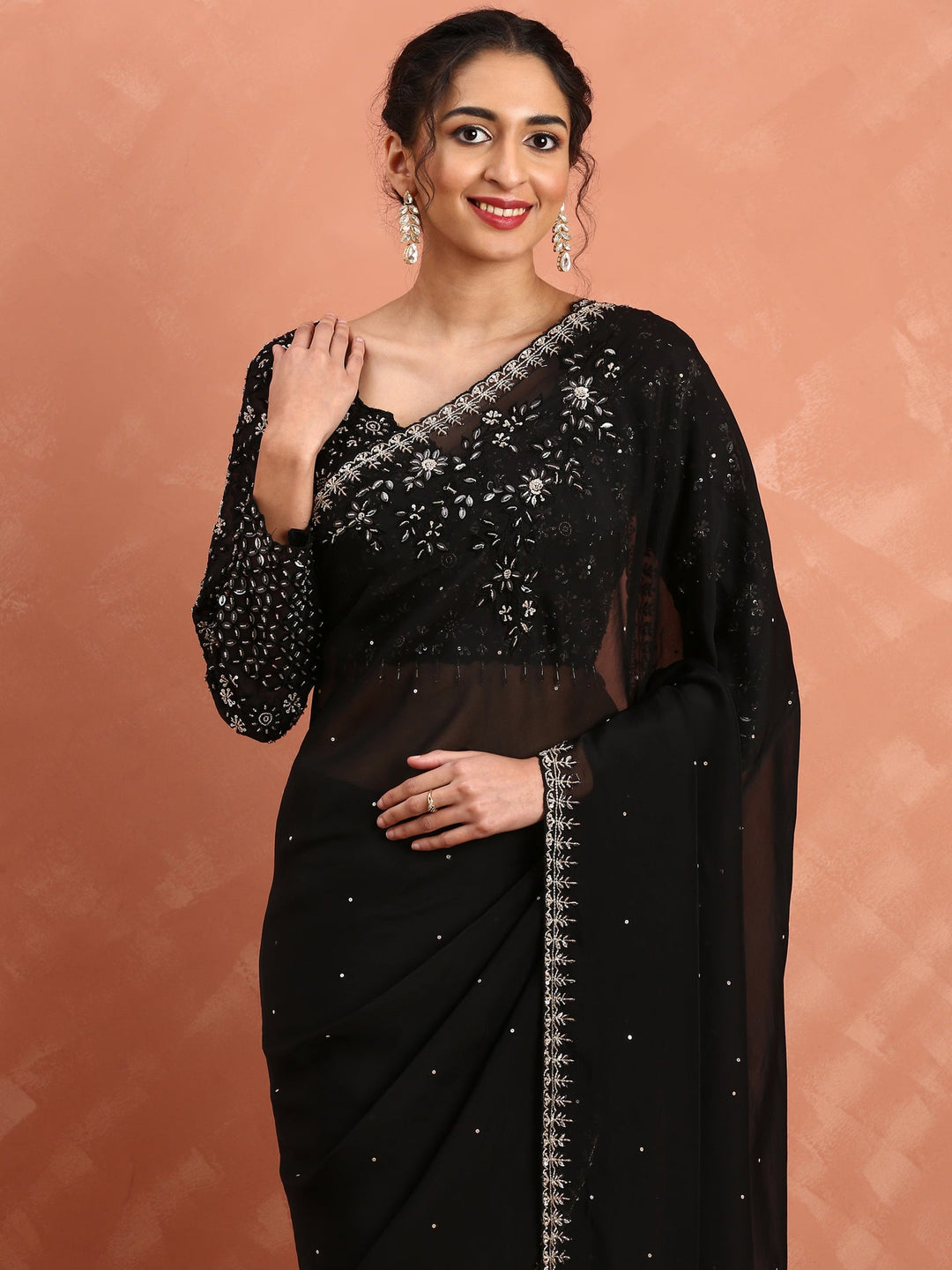Neerus Black organza hand embroidered saree - side view