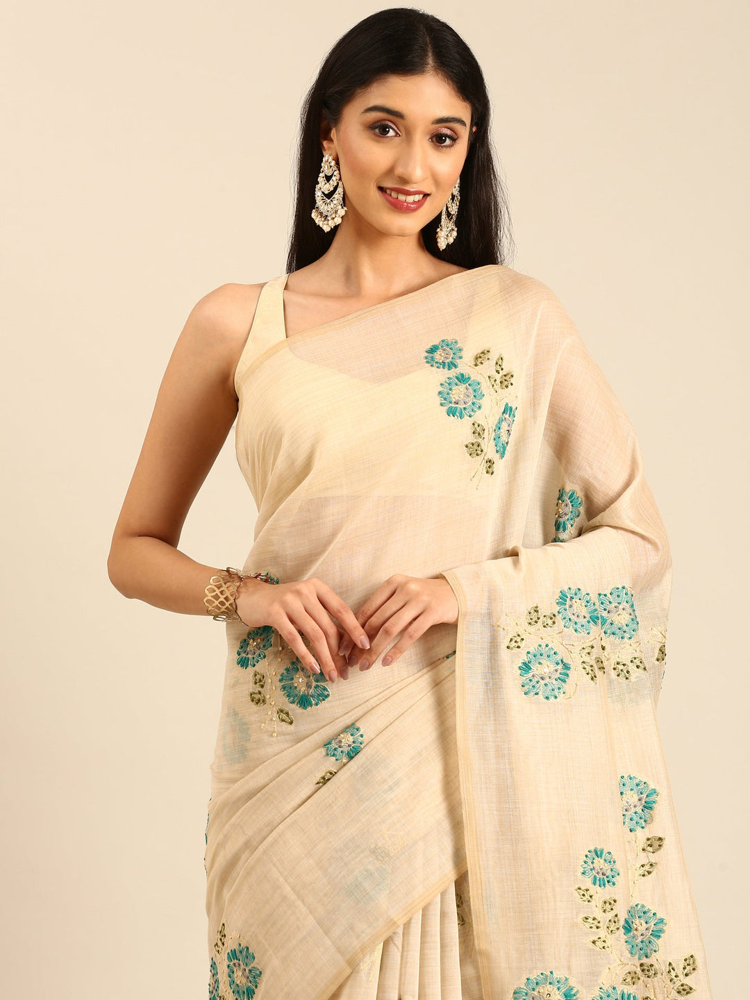 Neerus Beige Chanderi embellished saree - back view