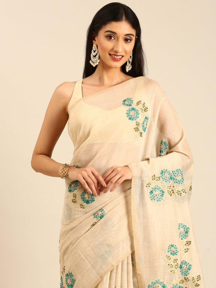Neerus Beige Chanderi embellished saree - back view