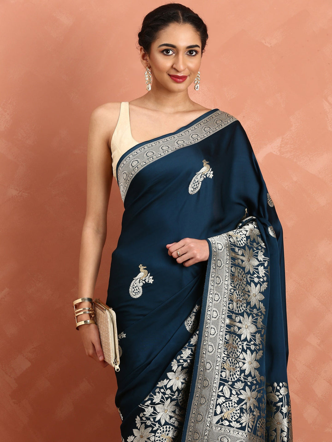 Neerus Blue Banarasi woven saree with peacock motifs - detail view 1