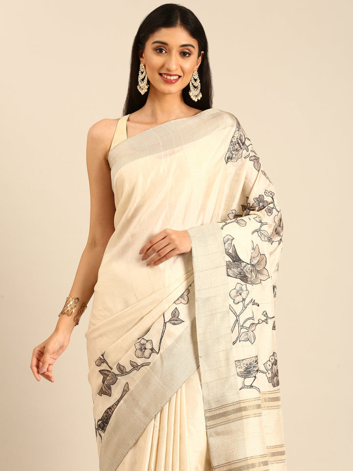 Neerus White raw silk printed floral saree - back view