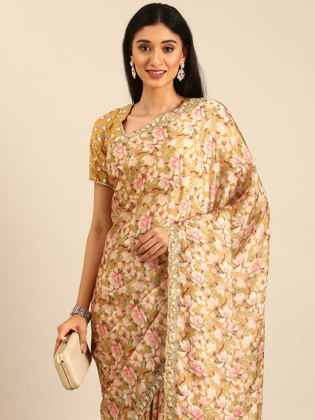 Neerus Yellow satin embellished saree with readymade blouse - side view