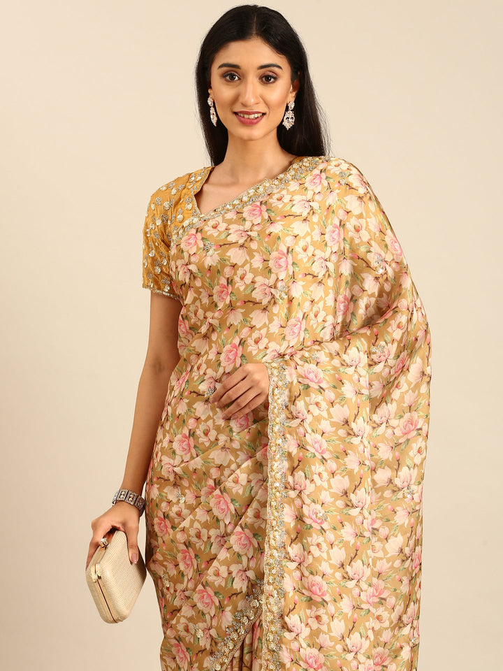 Neerus Yellow satin embellished saree with readymade blouse - side view