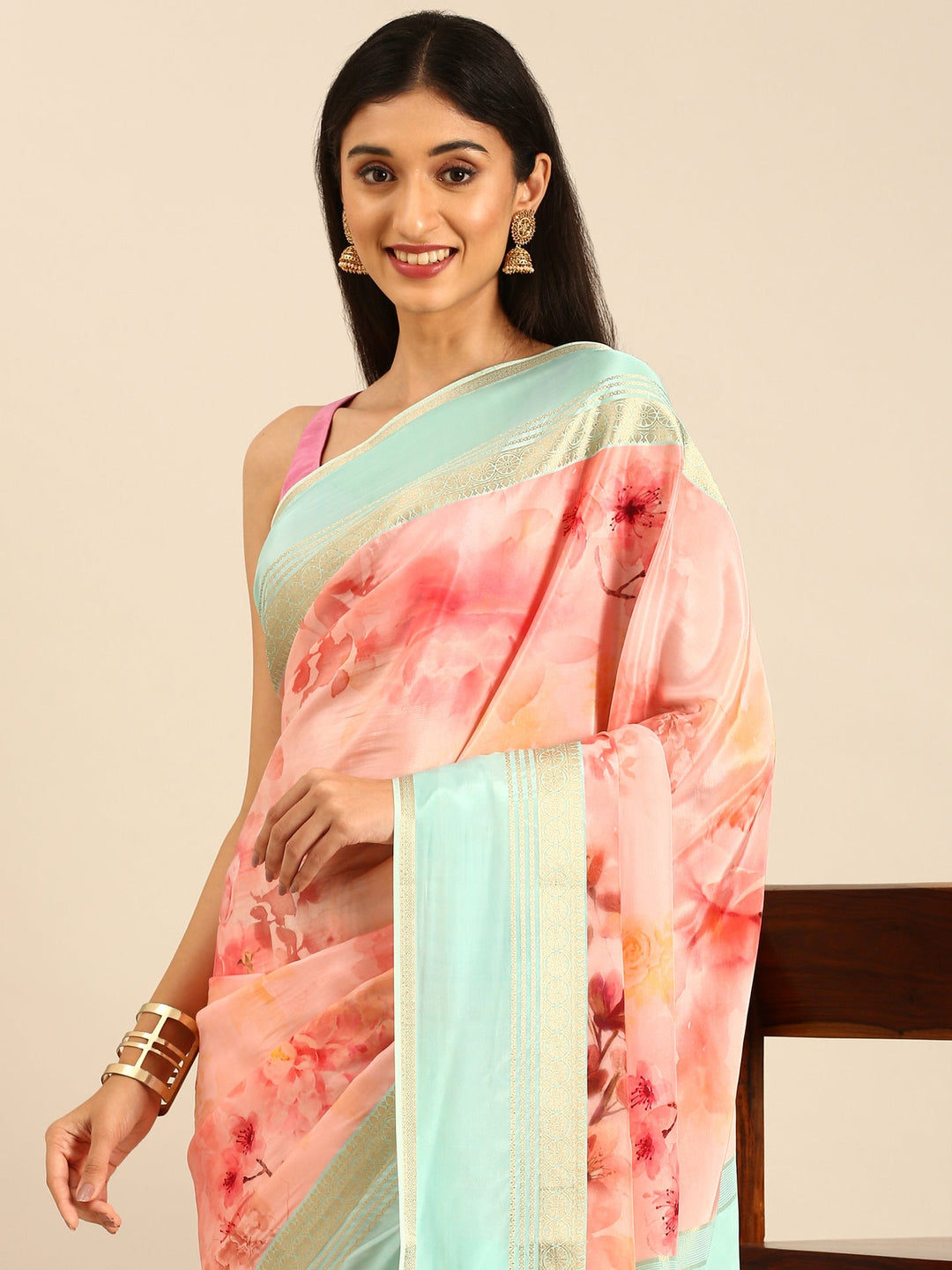 Neerus Pink crepe woven saree with zari border - back view