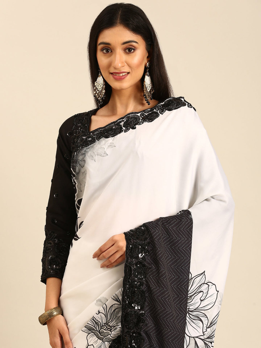 Neerus Black satin hand embroidered printed saree - side view