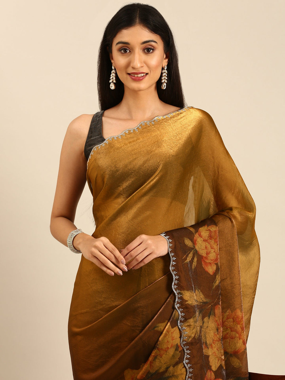 Neerus Gold tissue embellished saree with floral print - side view