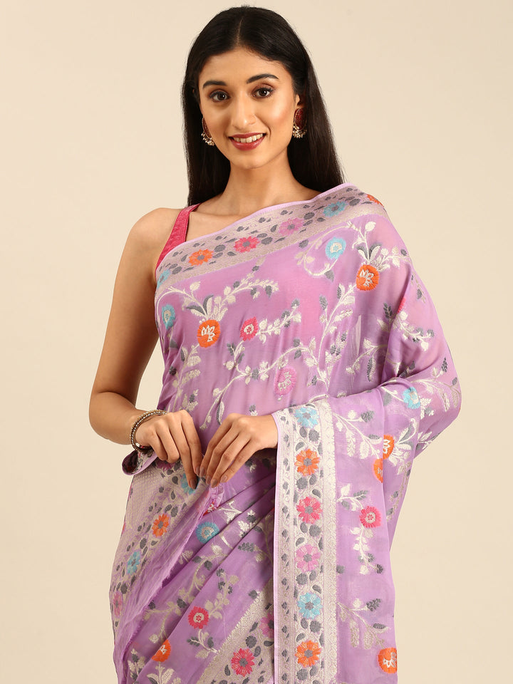 Neerus Purple Banarasi woven saree with meenakari border - side view