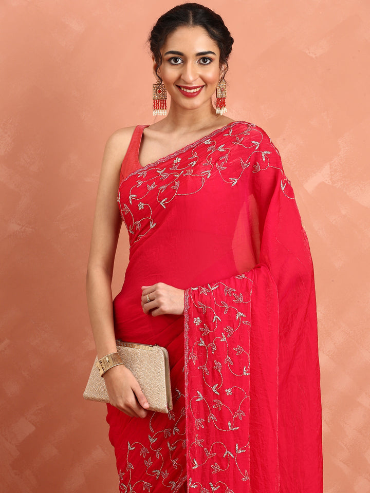 Neerus Pink net hand embroidered saree - detail view 1