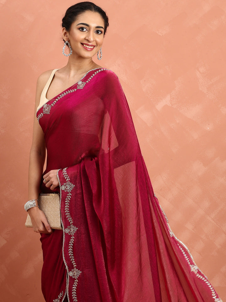 Mahroon jimmy tissue saree with cut Dana hand embroidery