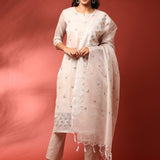 Beige chanderi thread work embroidery three piece suit set