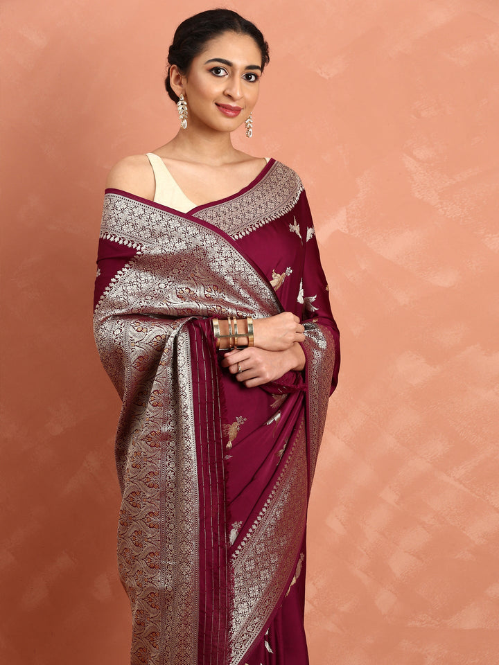 Neerus Maroon Banarasi woven saree with gold silver motifs - detail view 1