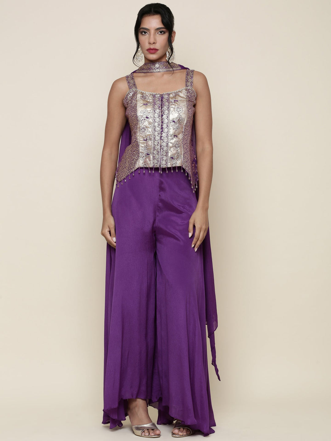Neerus Purple georgette crop top palazzo co-ord set - front view