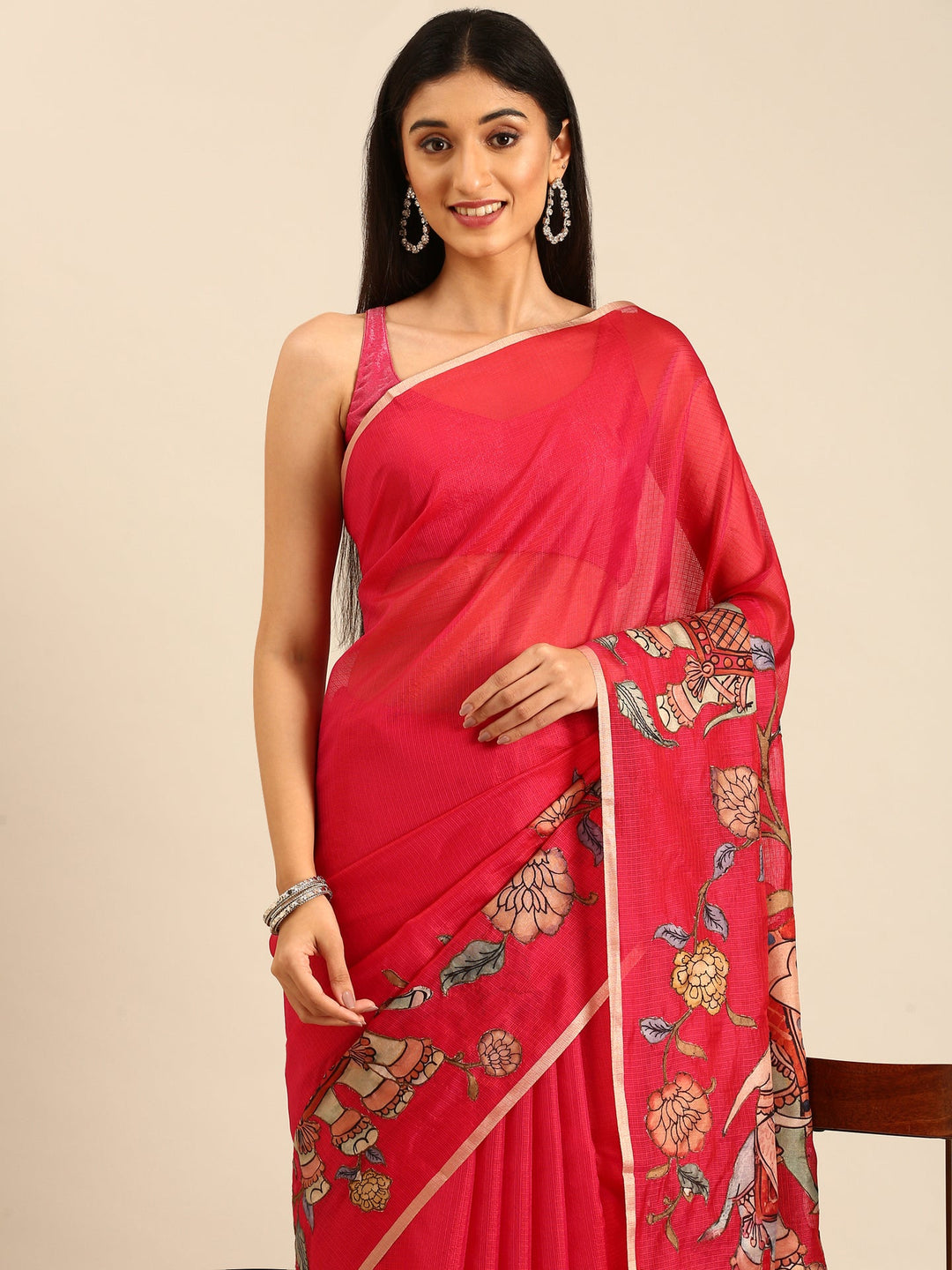 Neerus Pink Kota embellished saree with kalamkari appliqué pallu - side view