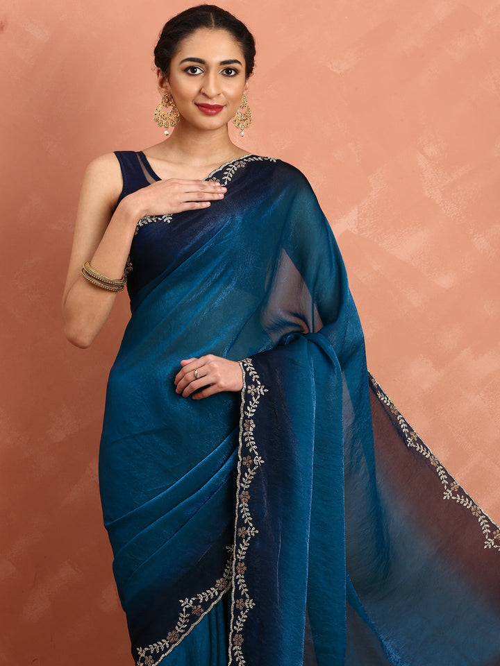 Royal blue jimmy tissue saree with Swarovski embroidery