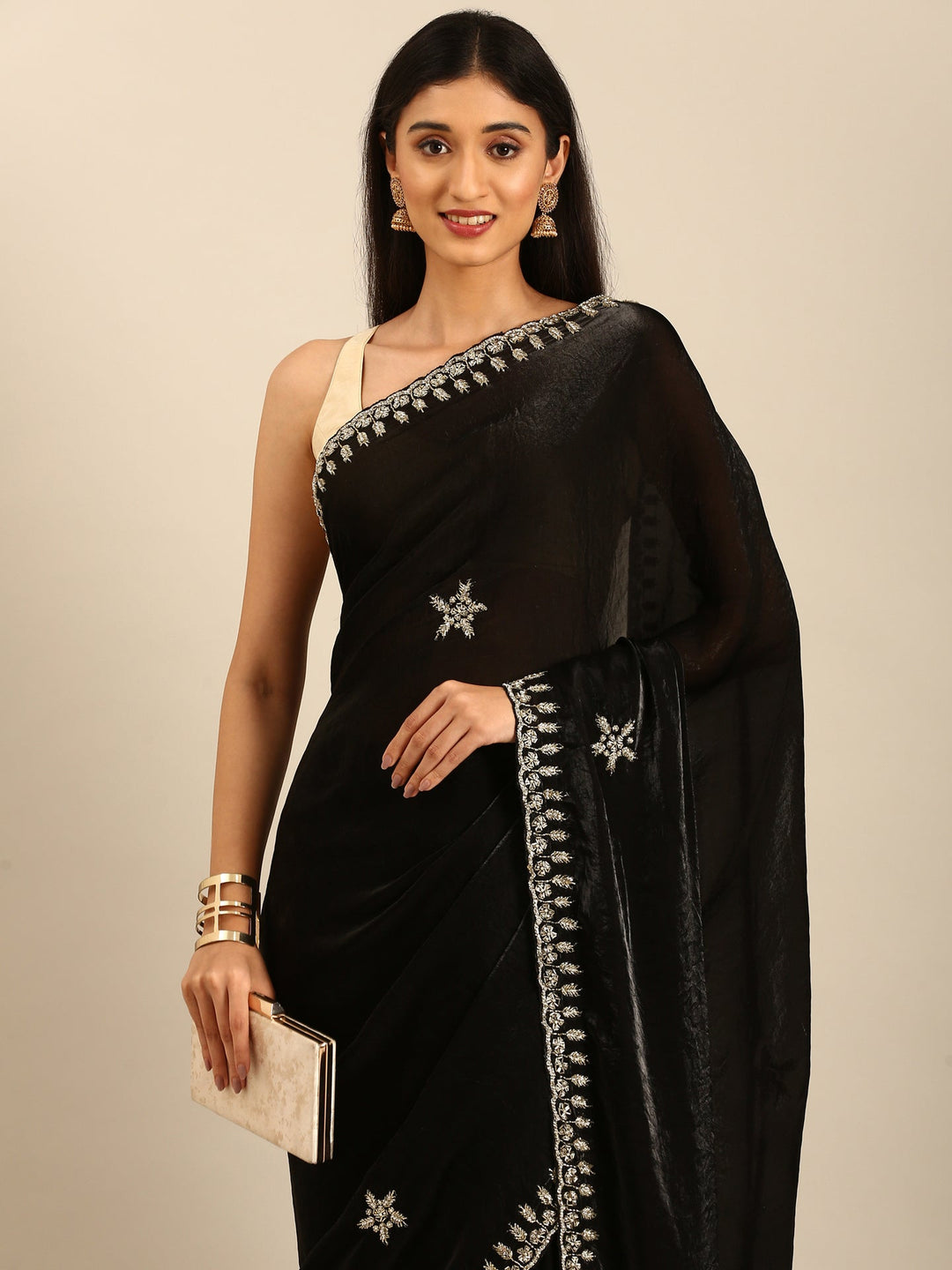 Neerus Black tissue embellished saree - side view