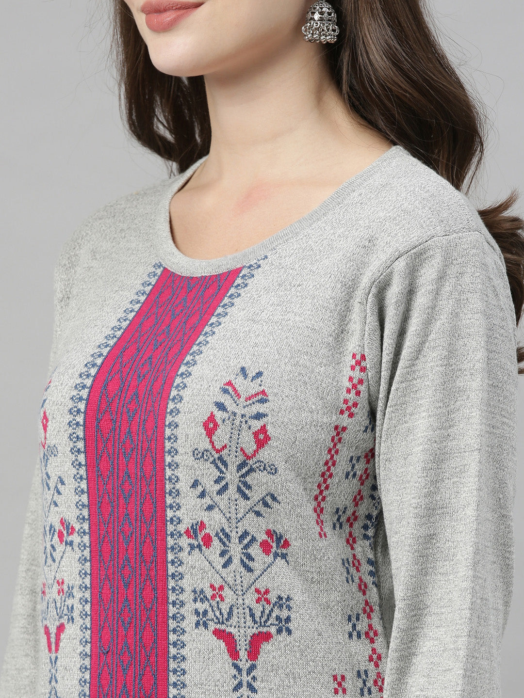 Neerus Grey acrylic printed kurta geometric pattern - detail view 1