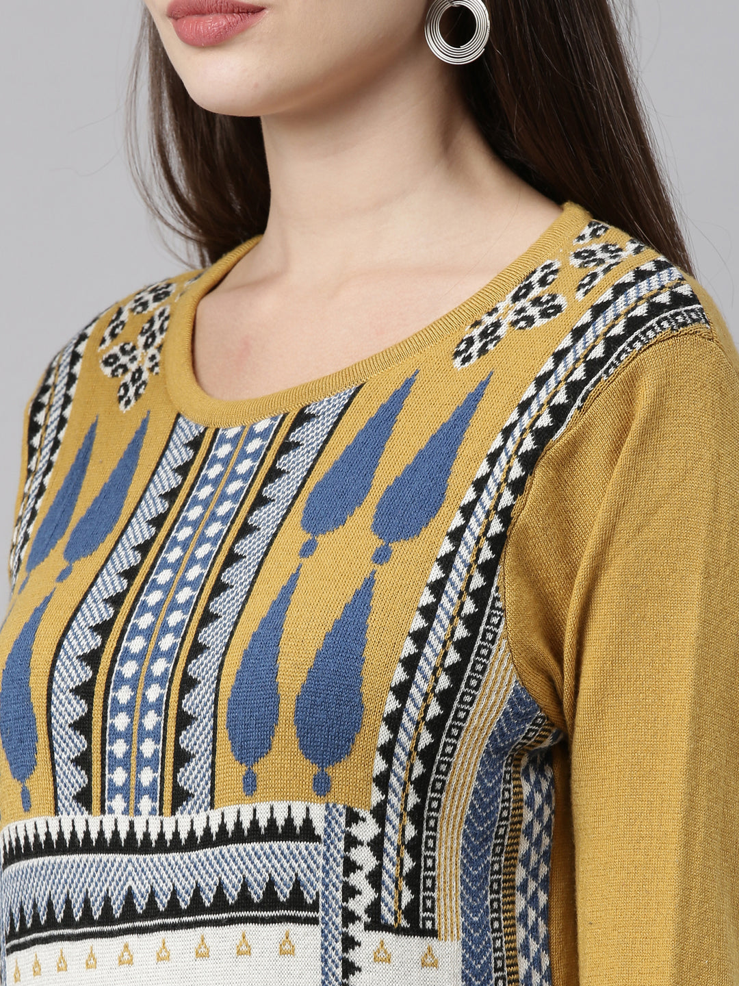 Neerus Yellow acrylic printed kurta geometric design - detail view 2