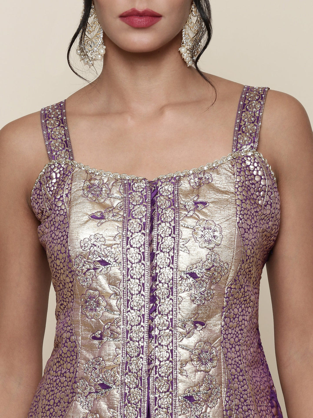Neerus Purple georgette crop top palazzo co-ord set - detail view 1